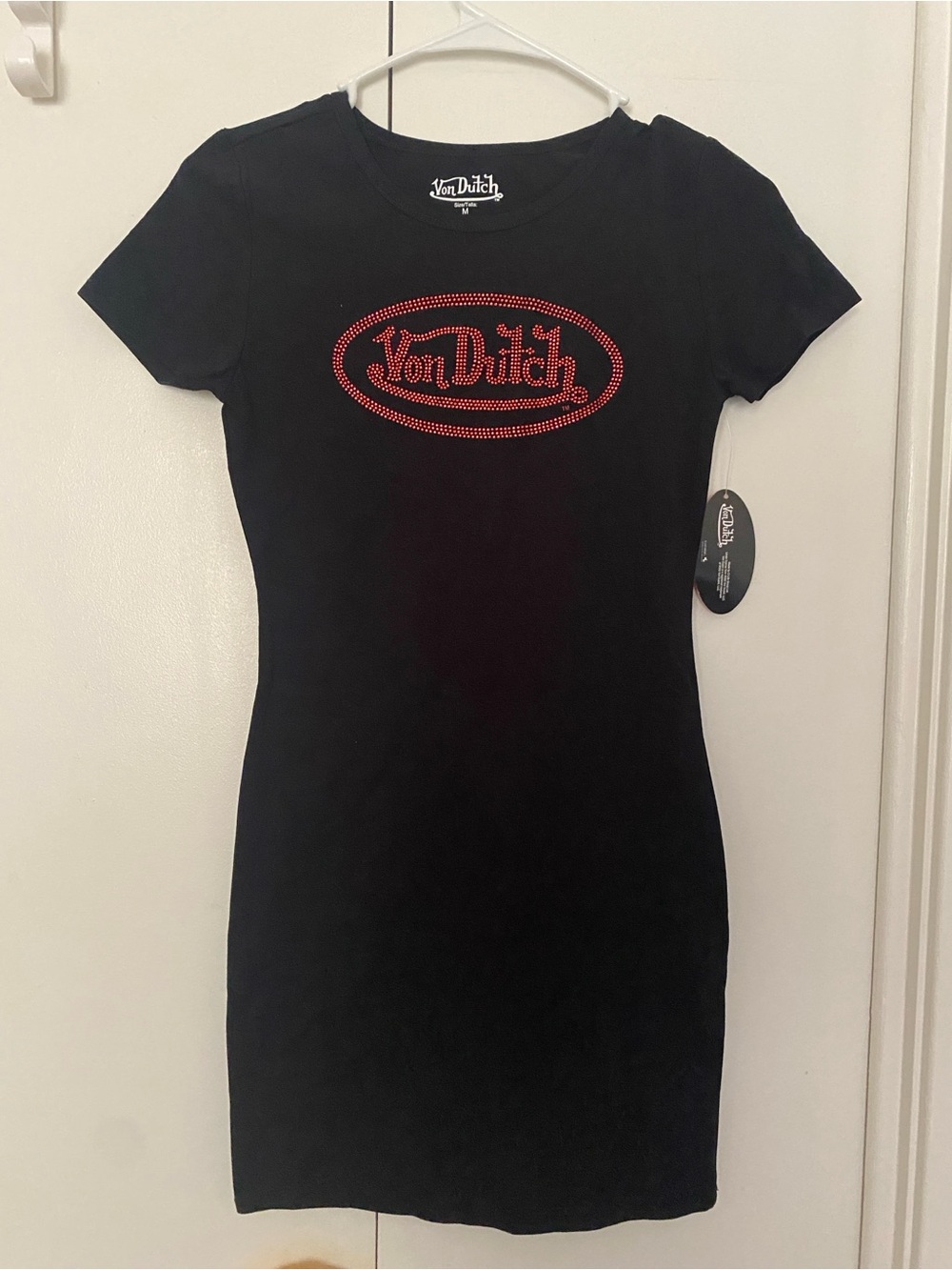 NWT Von Dutch Black Tee Dress with Red Rhinestone Logo
